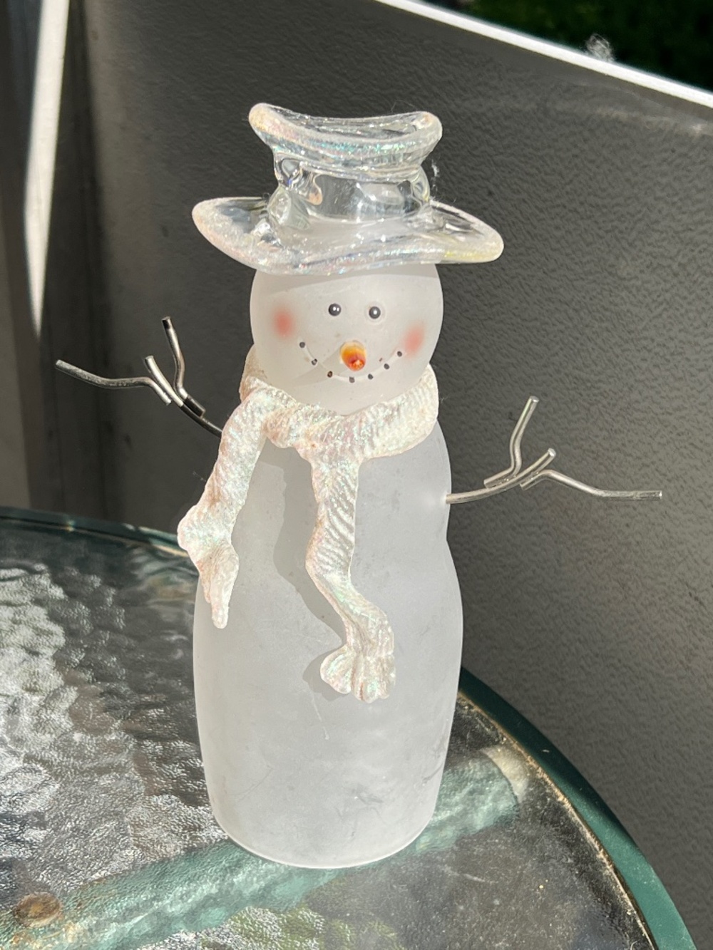 14" Vintage Frosted Glass Snowman Figurine in cylinder hat and scarf - cute!